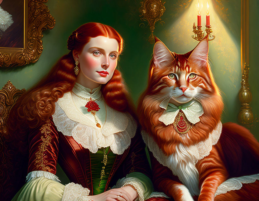 Regal Victorian woman and majestic cat in aristocratic attire