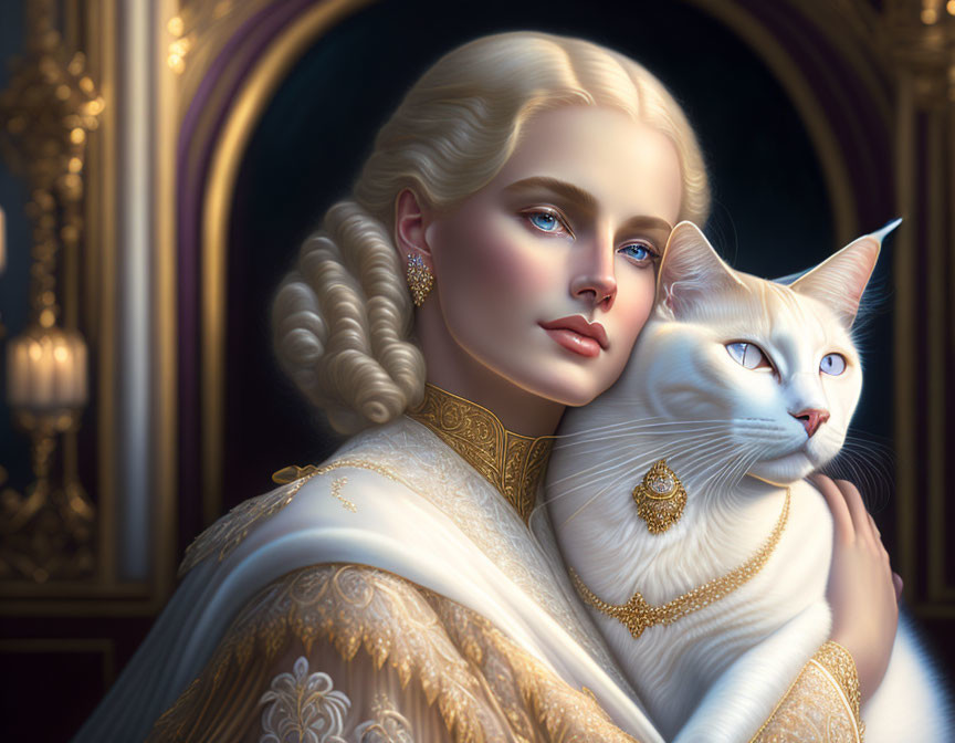 Regal woman holding white cat against golden luxury