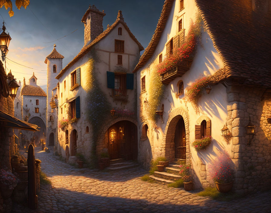 Quaint cobblestone street at sunset with ivy-covered houses