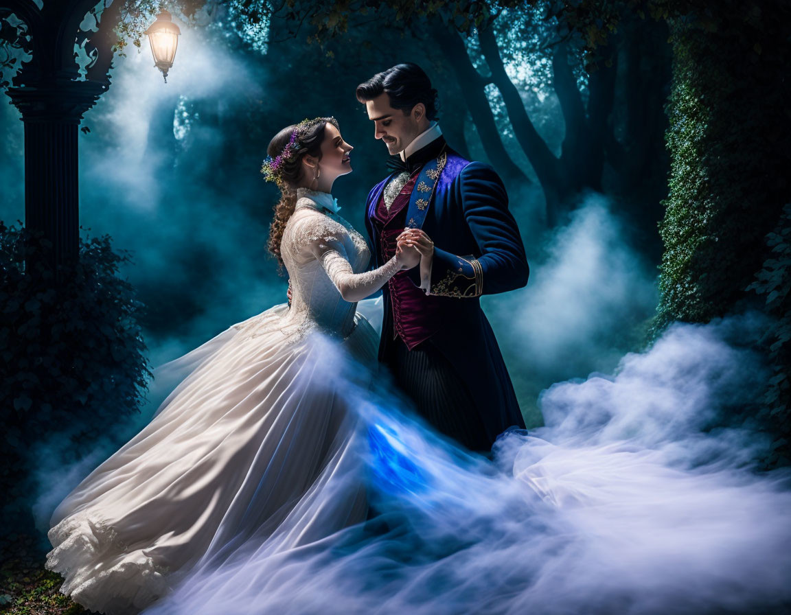 Vintage attire couple dances in mystical fog with blue lighting and antique lamp post