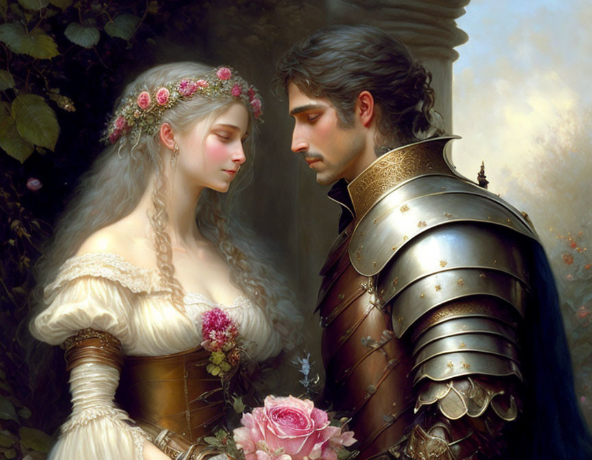 Medieval knight and maiden in enchanted forest scene