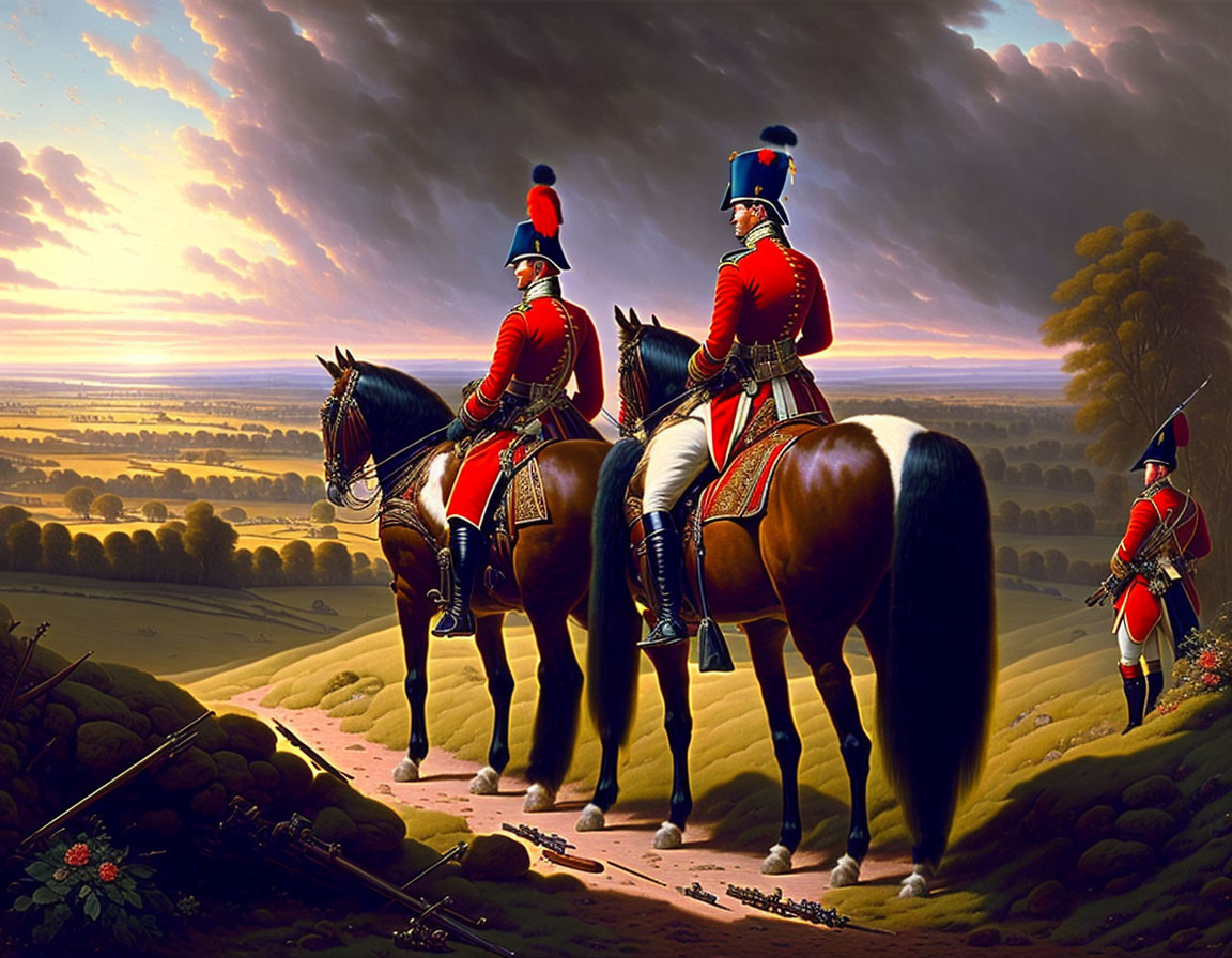 Military soldiers on horseback at sunrise with soldier in background