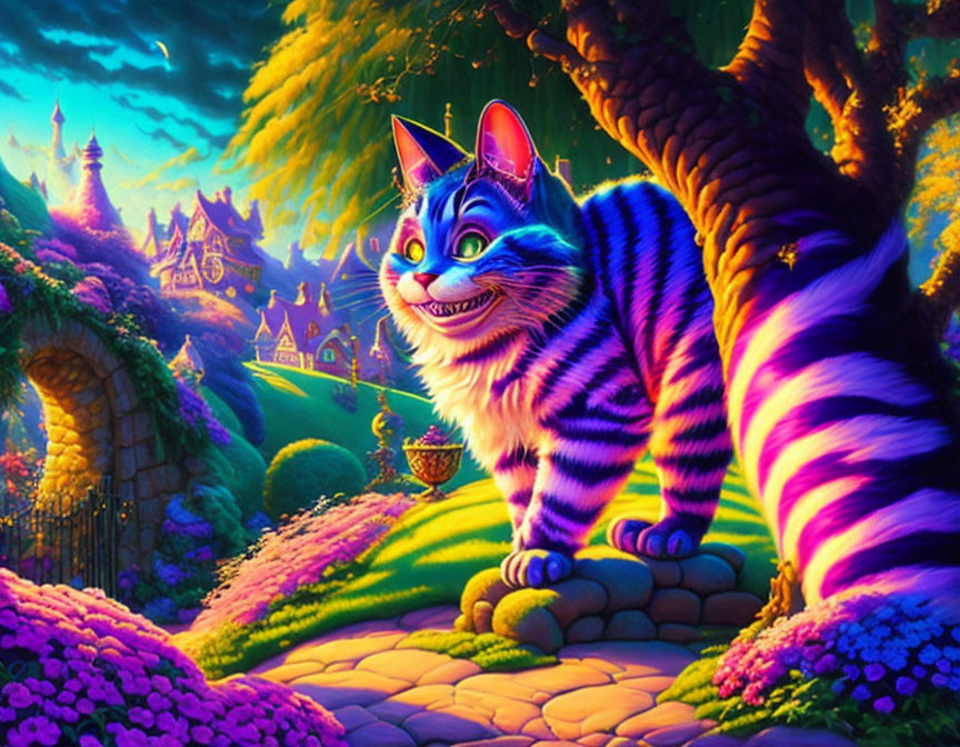 Colorful Striped Cheshire Cat in Whimsical Fantasy Landscape