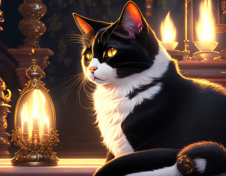 Black and white cat next to ornate lit lamp with candles