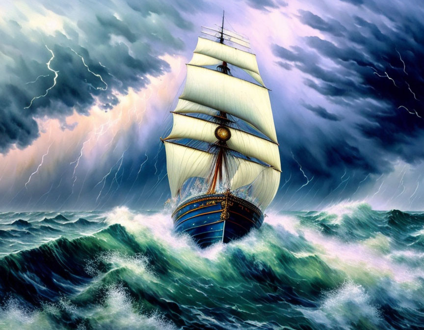 Sailing ship with white sails navigating stormy green waves