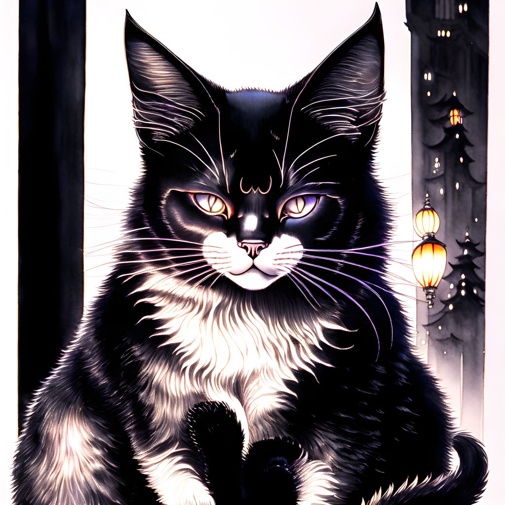 Black and white cat with blue eyes in lantern-lit cityscape.