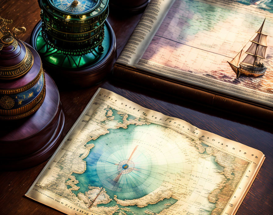 Vintage Nautical Map Decor with Globe, Ship Model, and Books