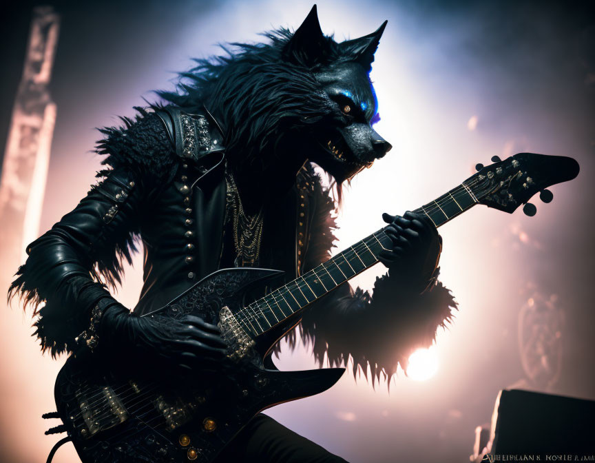 Anthropomorphic wolf in leather jacket playing electric guitar on stage