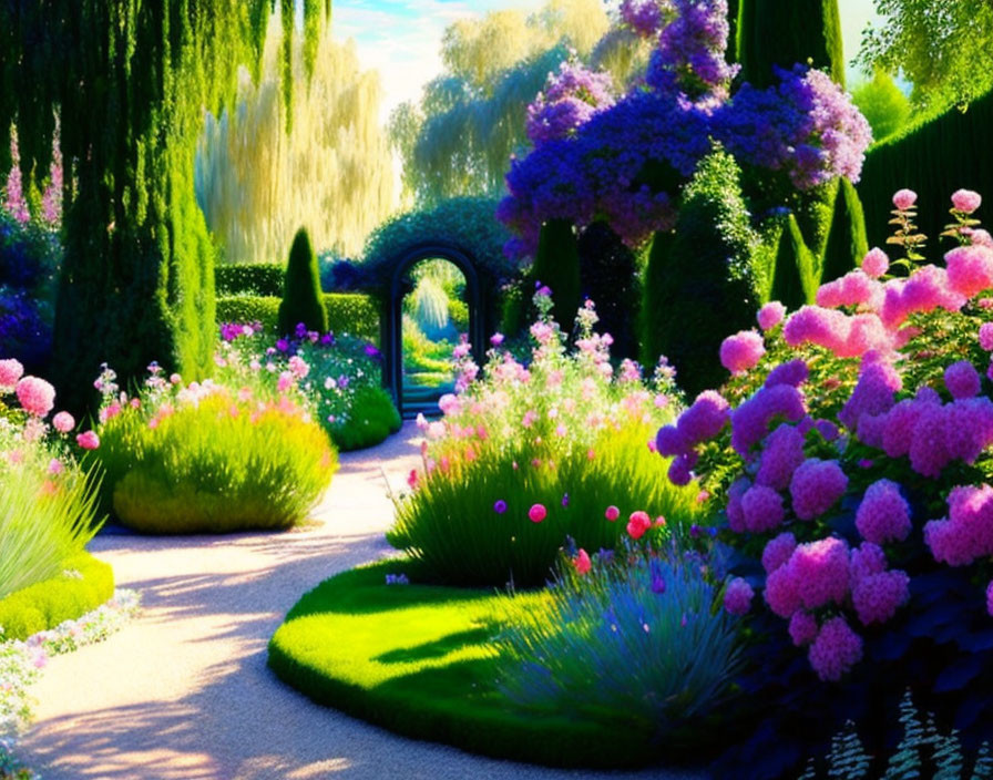 Lush garden pathway with blooming flowers and topiaries