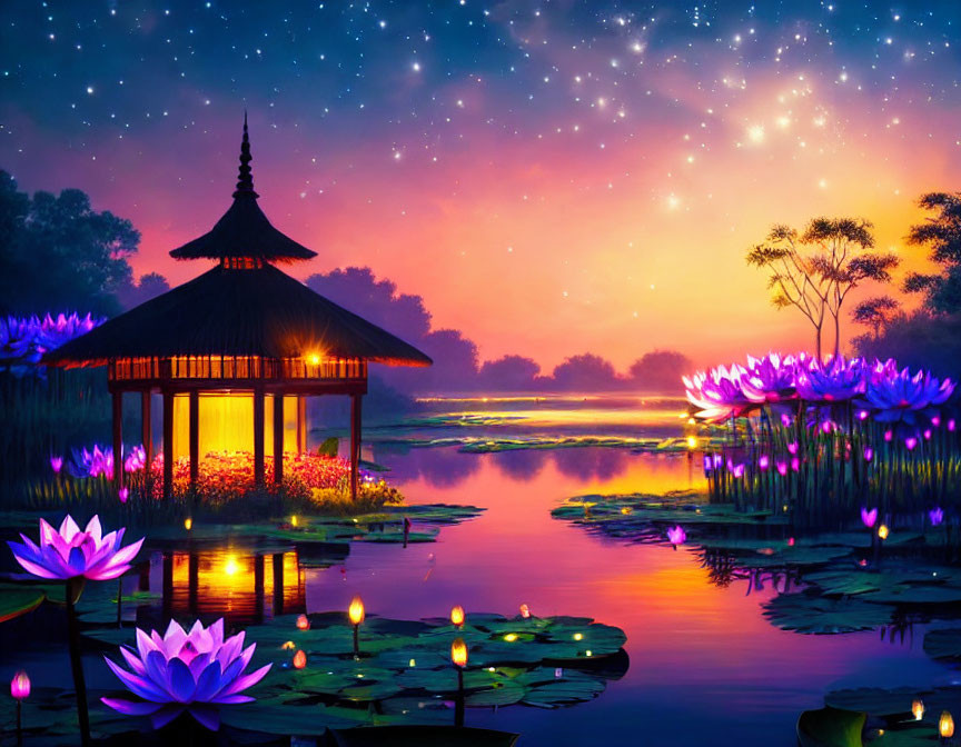 Tranquil lakeside scene with pavilion, lotus flowers, and starry sky