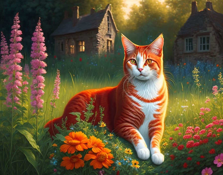 Orange Tabby Cat Relaxing in Lush Garden with Pink Flowers