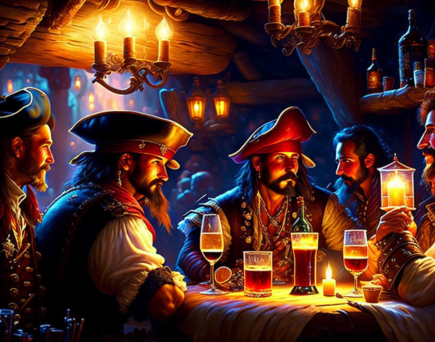 Animated pirates in dimly lit tavern with mugs and lantern