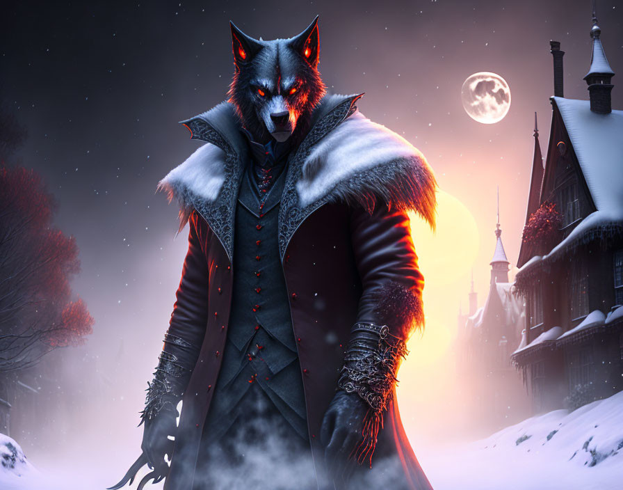 Victorian werewolf under full moon in snowy town