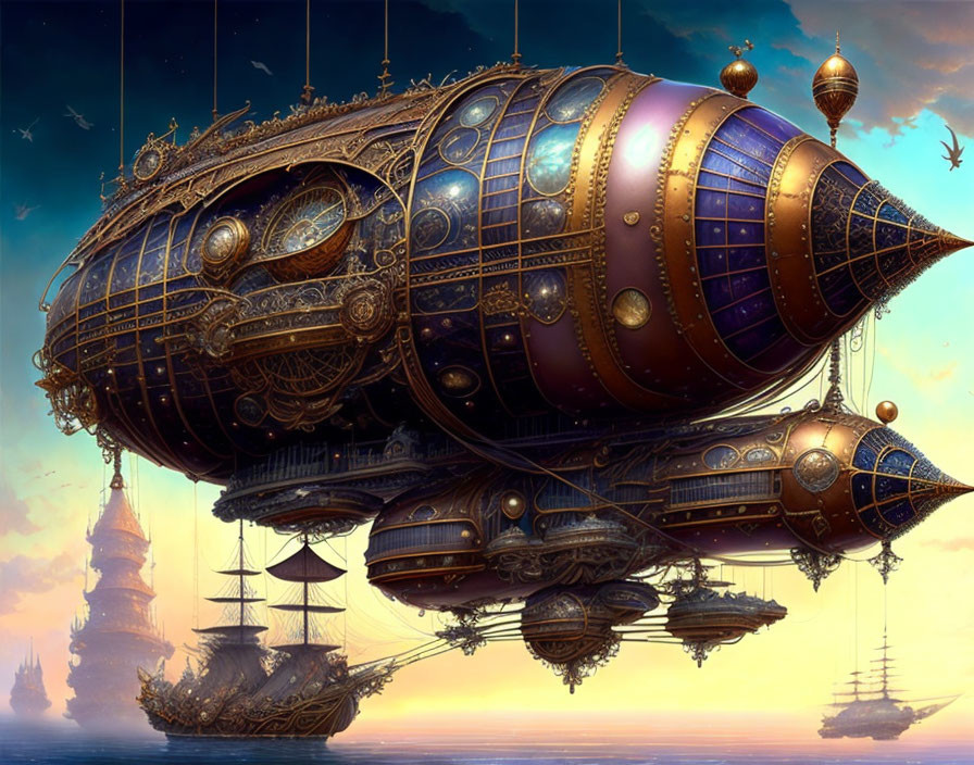 Steampunk airship with intricate metalwork in sunset sky