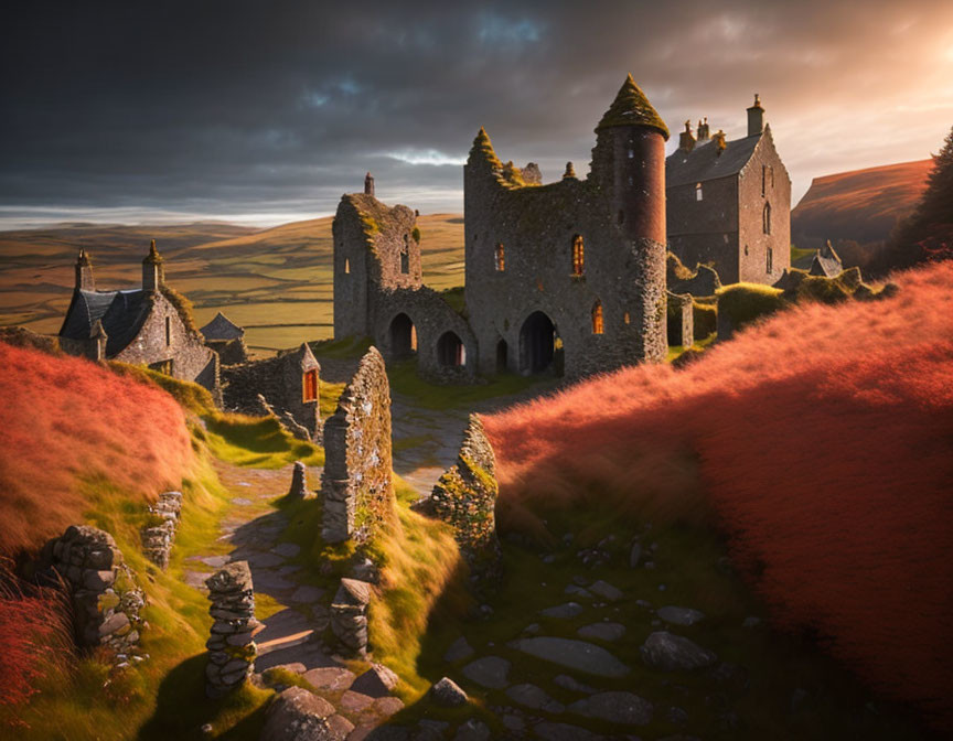 Ancient ruined castle at sunset amidst pink heather-covered hills