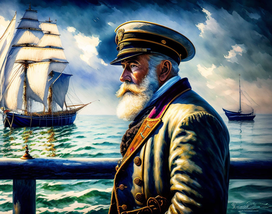 Bearded sea captain in uniform gazing at tall ships and cloudy sky