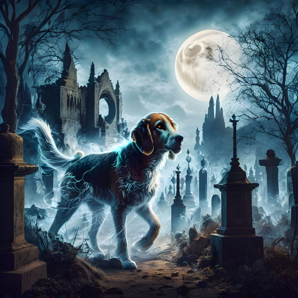 Translucent ghostly dog in moonlit cemetery with fog