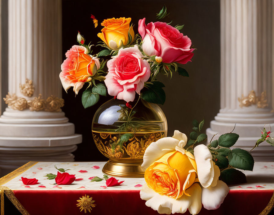 Colorful Roses in Gold Vase on Red Tablecloth with Classical Columns