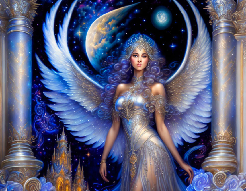 White-winged angel in celestial setting with moon and stars.