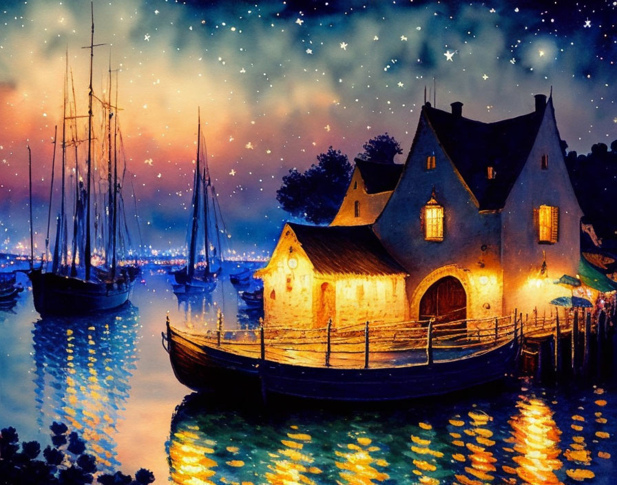 Cozy cottage by starlit harbor with boats at twilight