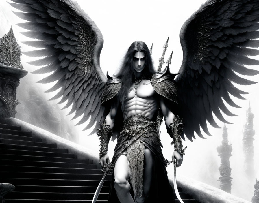 Monochrome image of imposing figure with large wings in armor