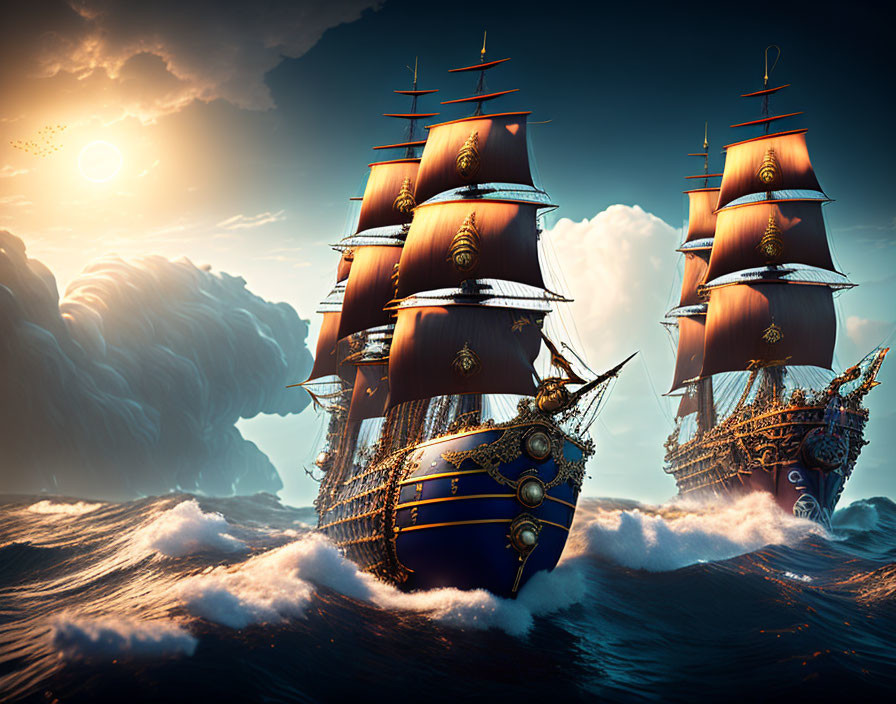 Old sailing ships with billowing sails in rough seas under dramatic sky