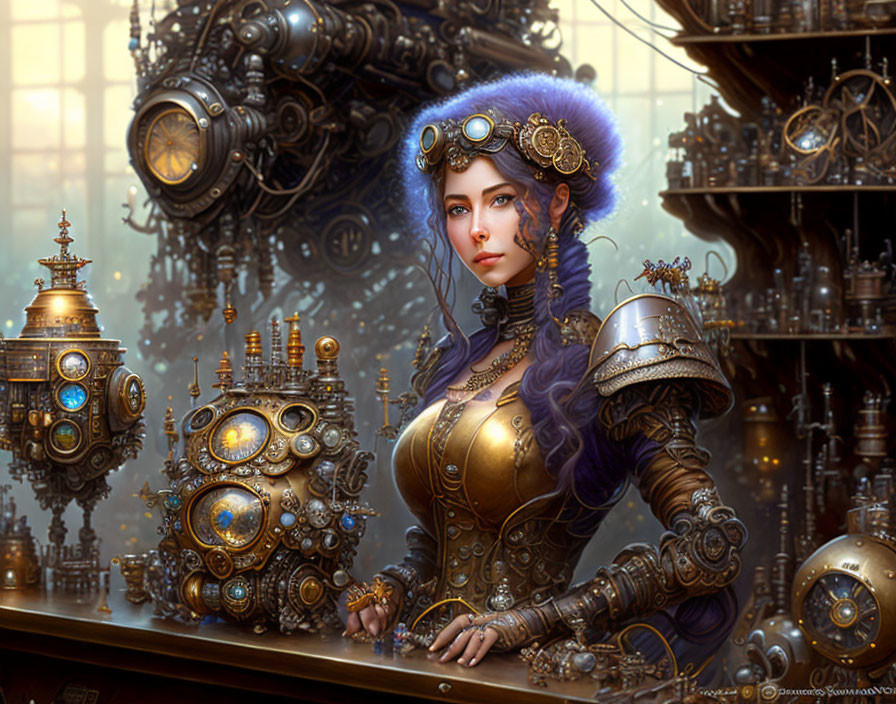 Steampunk-inspired woman with blue hair in intricate mechanical attire