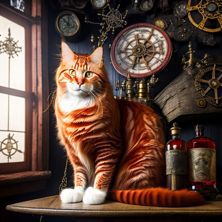 Orange Tabby Cat Poses with Nautical Decor