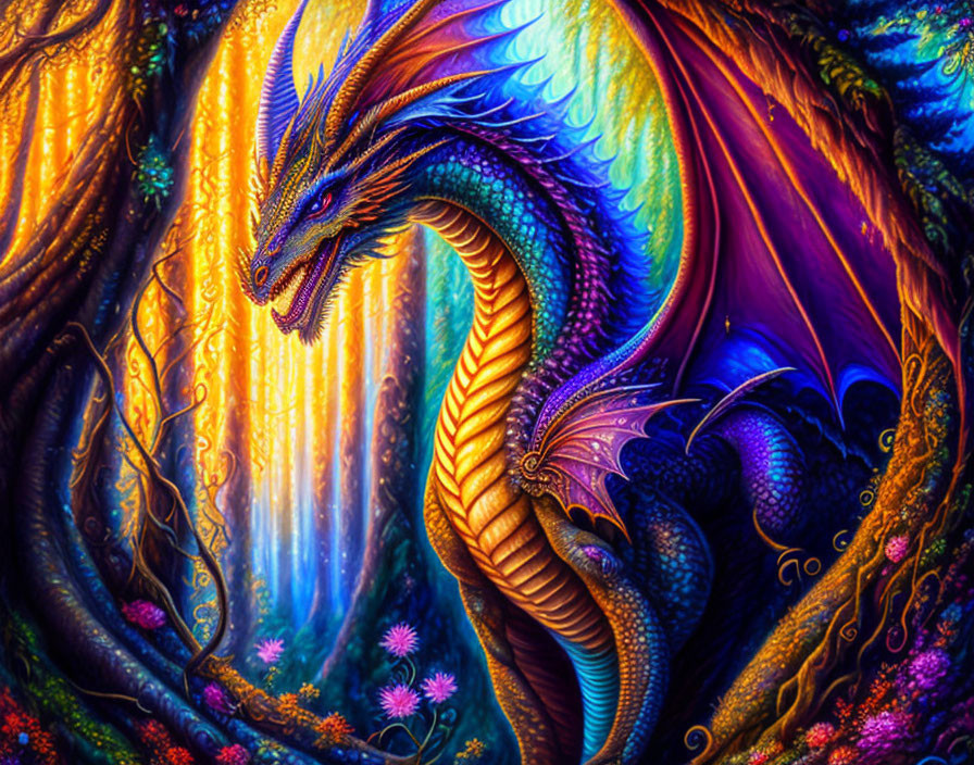 Colorful Dragon in Enchanted Forest Clearing