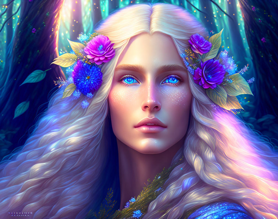 Fantasy portrait of woman with long blonde hair and blue eyes in enchanted forest