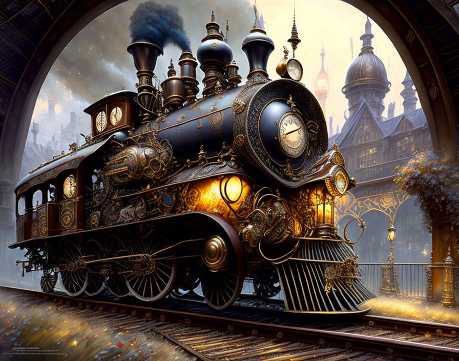 Ornate steam locomotive departs from grand station at dusk