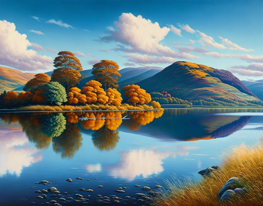 Autumn trees and golden hills reflected in serene lake.