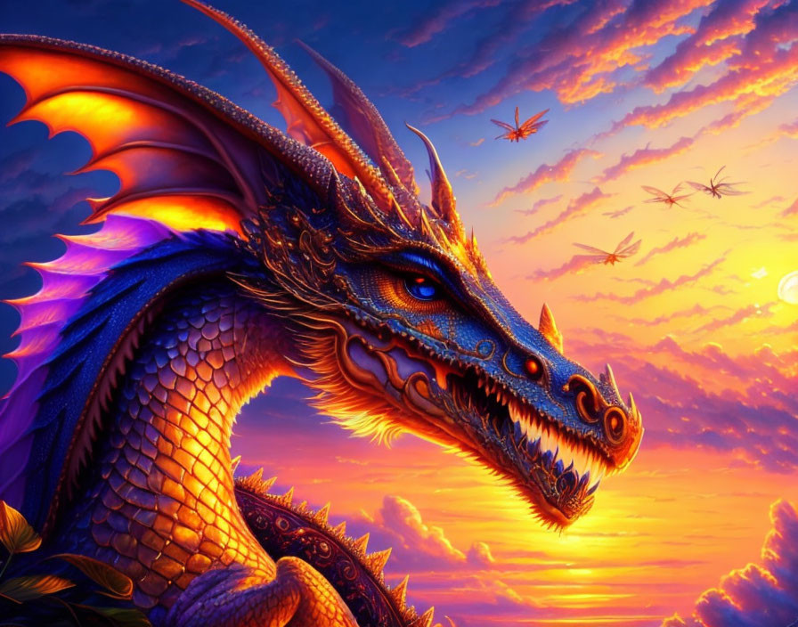 Blue dragon with gold accents in vibrant sunset sky