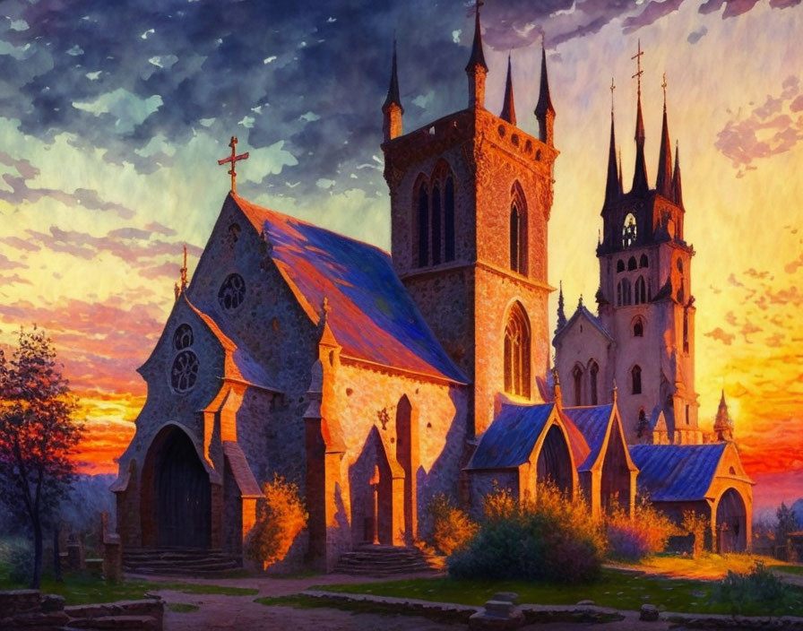 Grand church with illuminated windows in vibrant sunset sky