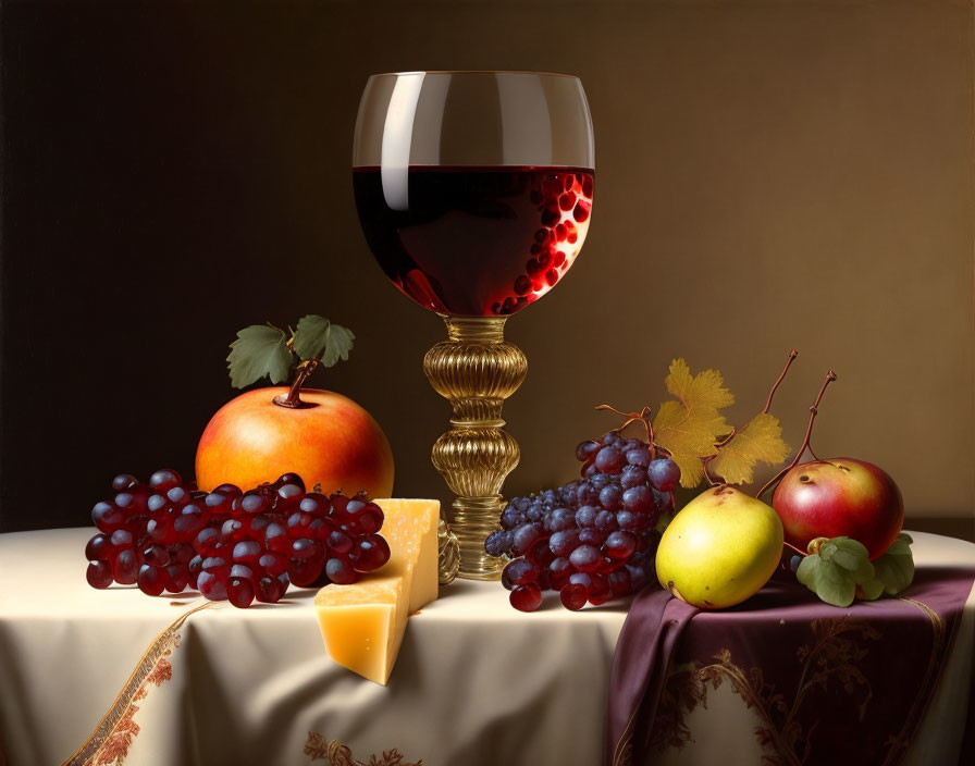 Still life composition with red wine, grapes, apples, peach, cheese, and draped cloth.