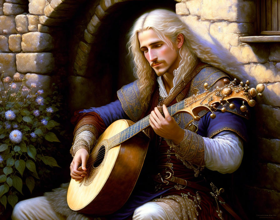 Long-haired character playing lute in blue and gold medieval outfit