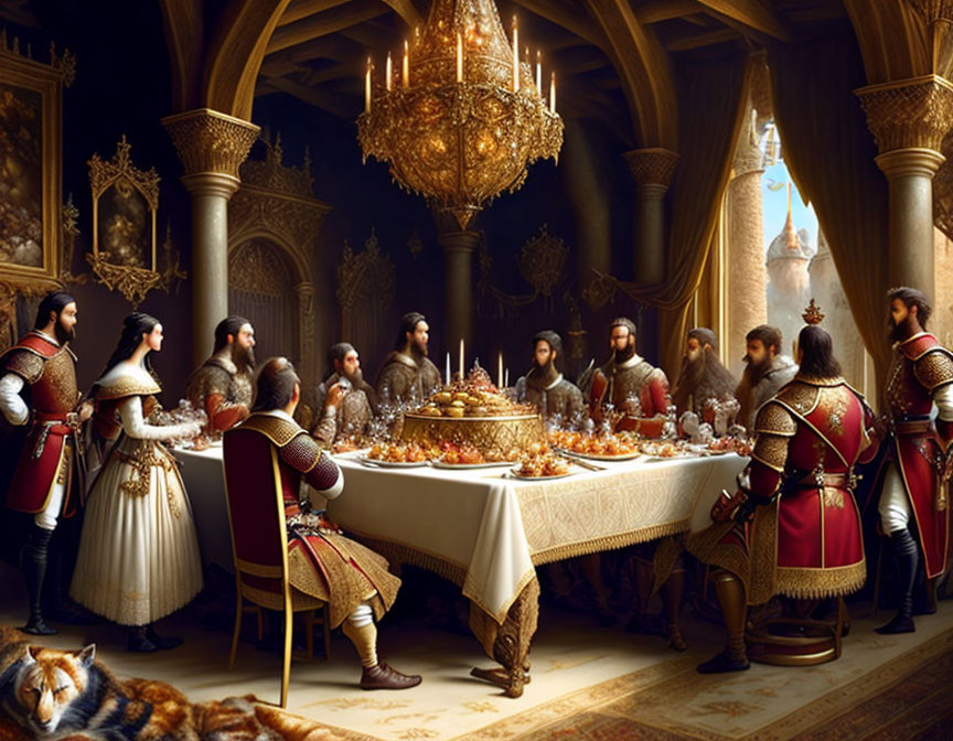 Medieval noble feast with tiger, chandelier, and columns