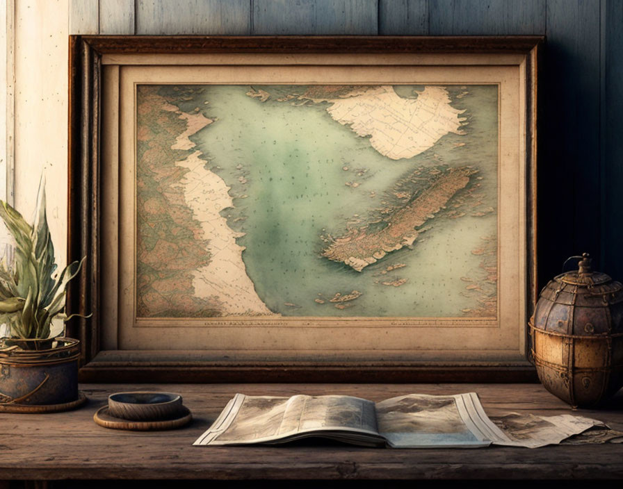 Vintage globe, open book, and antique map in wooden frame on table