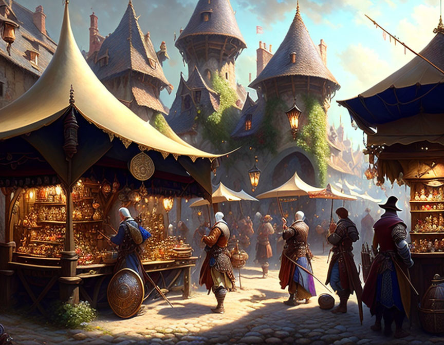 Medieval market scene with stalls, knights, and cobblestone pathways