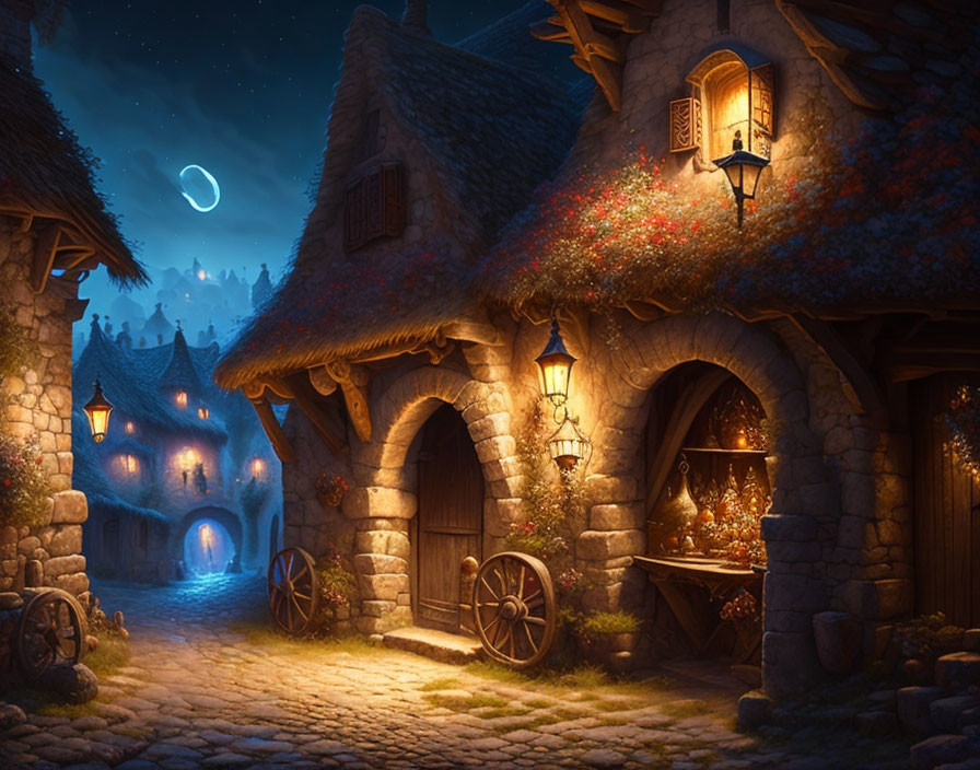 Charming Night Scene: Cobblestone Village Street with Lanterns