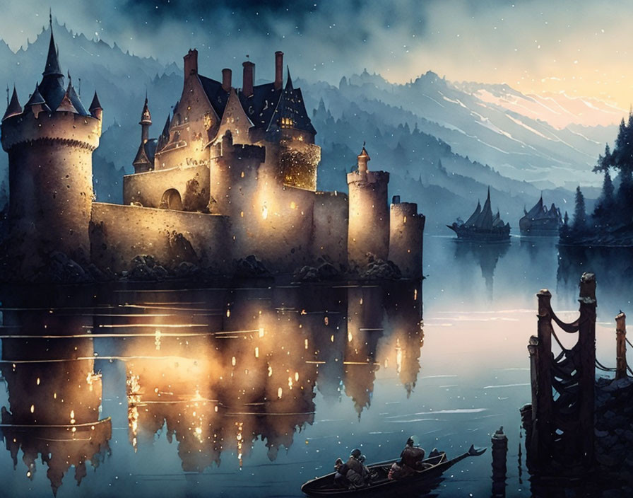 Luminous castle by tranquil lake at twilight with mountains and boat.