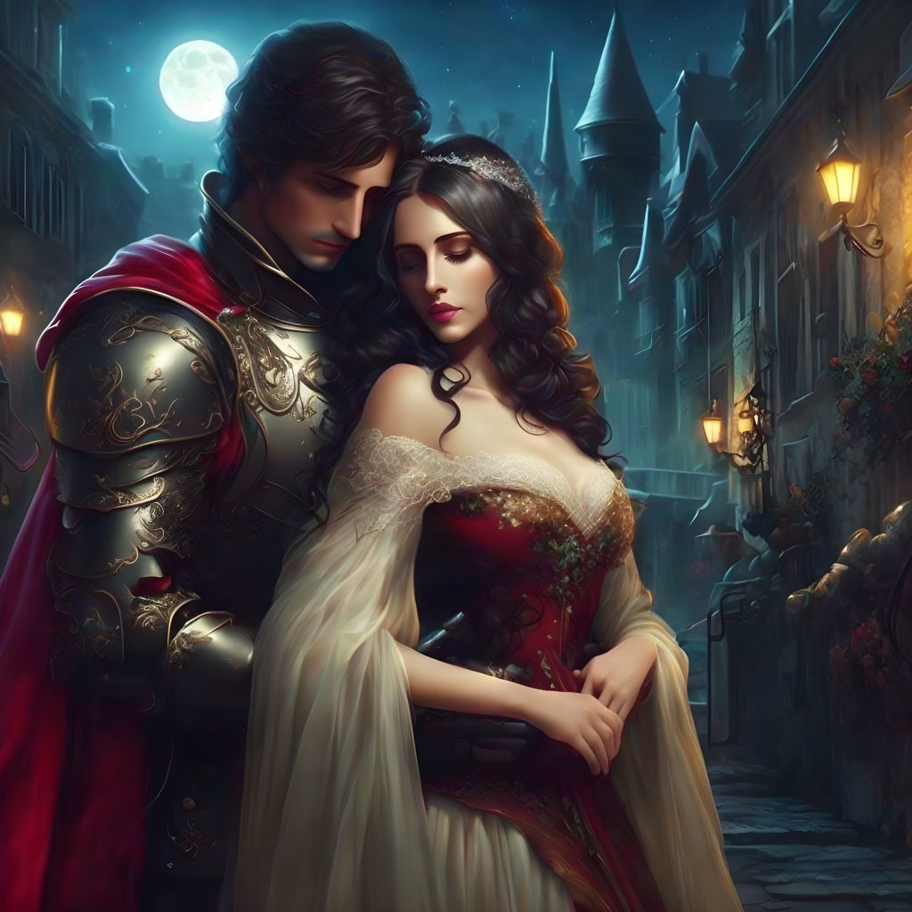 Medieval knight embracing woman on moonlit cobblestone street