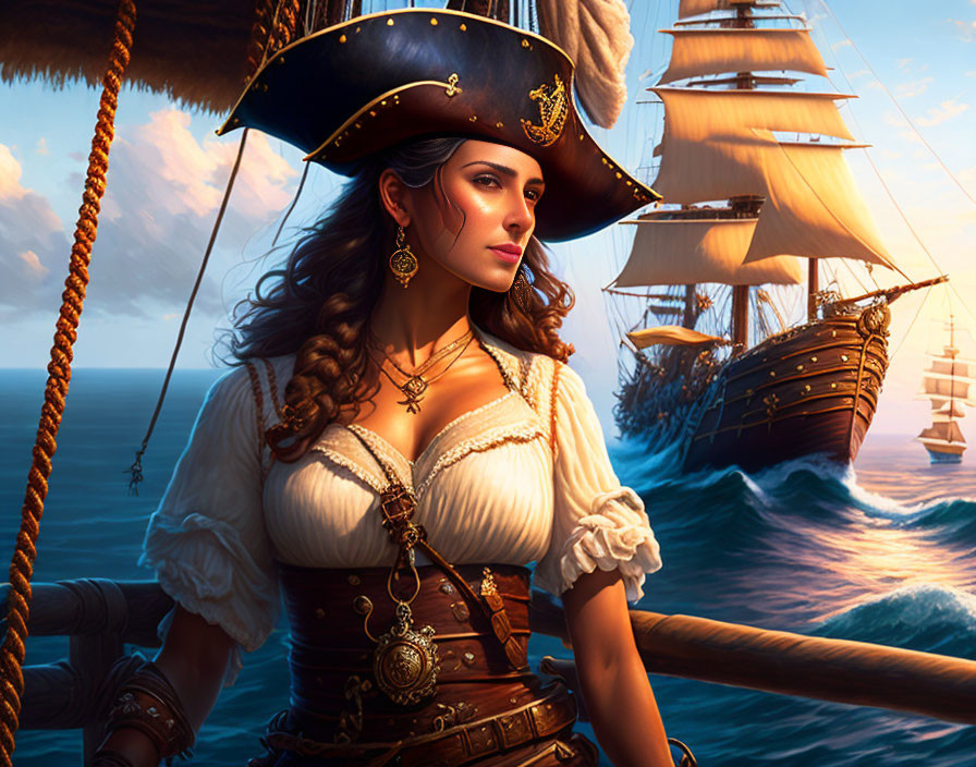 Digital artwork: Female pirate in tricorn hat on ship deck with ocean view