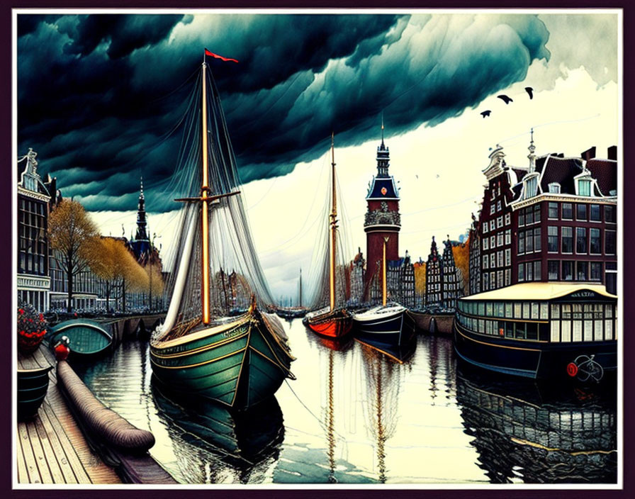 Vibrant boats on calm canal in stylized Amsterdam scene