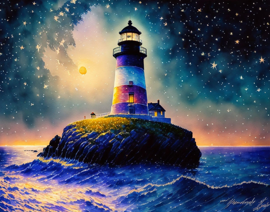 Lighthouse painting on rocky islet under starry sky with crescent moon