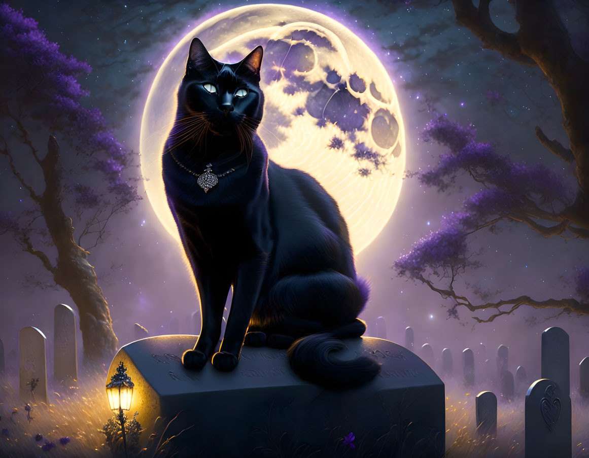 Black Cat with Pendant on Moonlit Gravestone in Cemetery