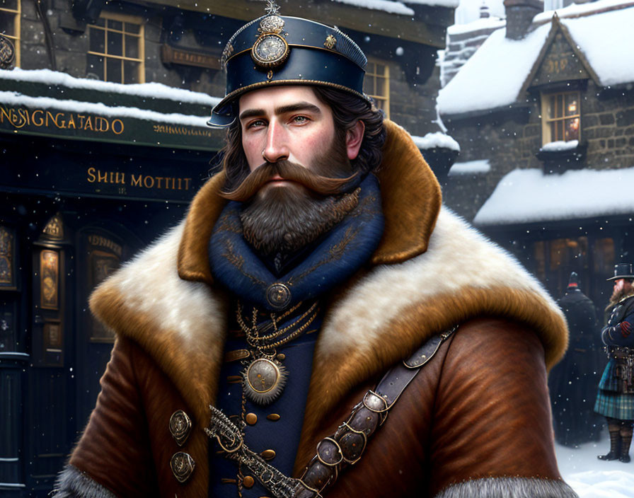 Digital Artwork: Bearded Man in Victorian Attire with Snowy Village Background