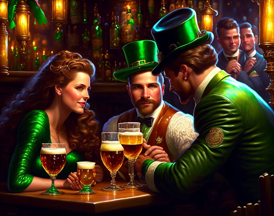 Green-themed St. Patrick's Day celebration in a festive bar setting