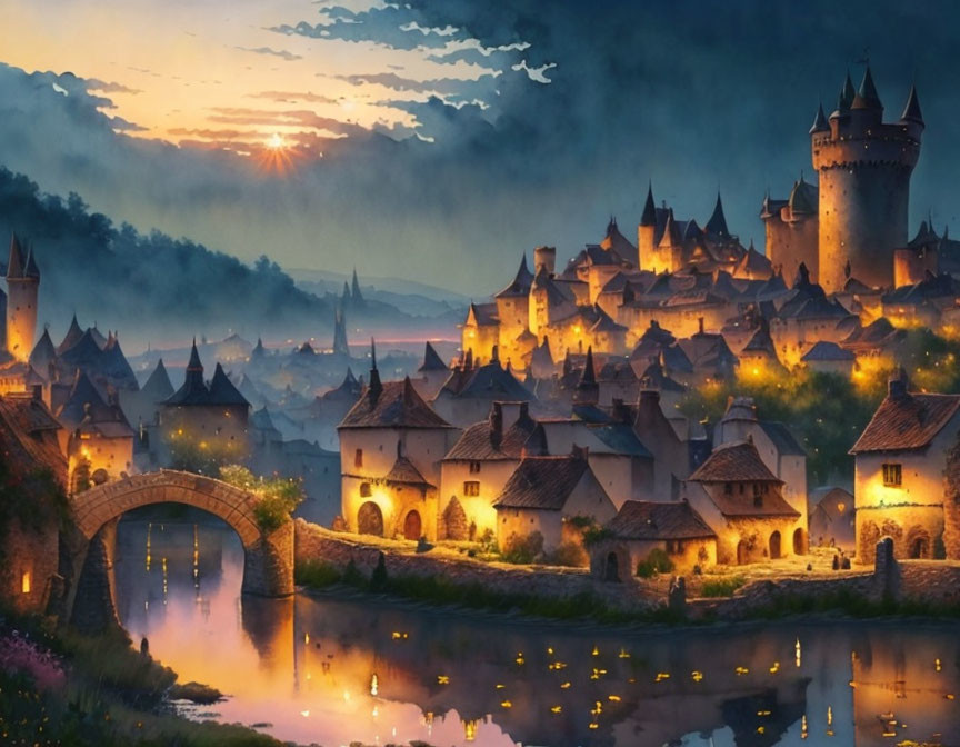 Tranquil fantasy village at dusk with castle, river, and sunset