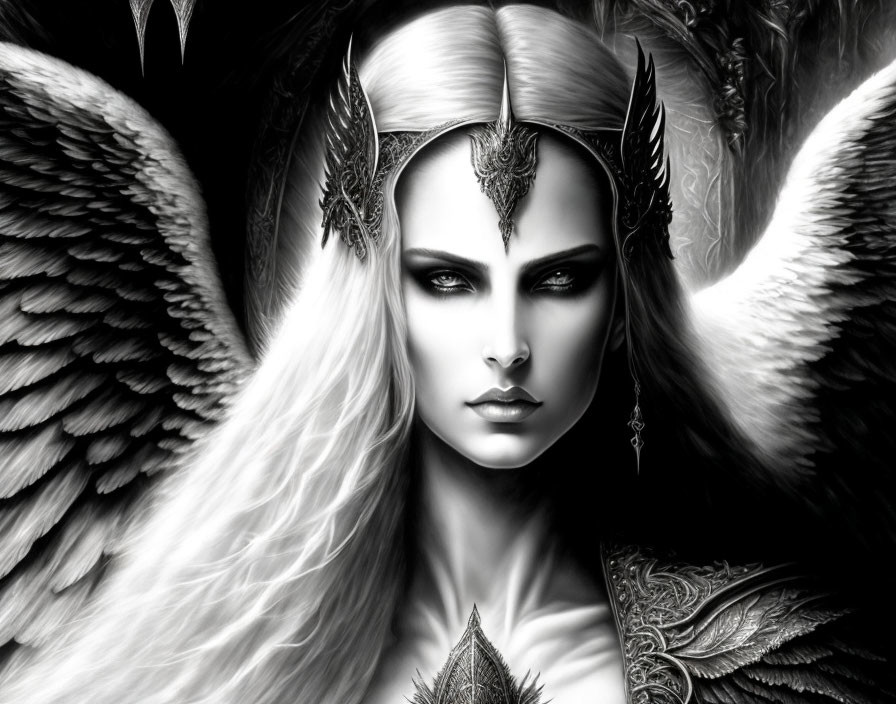 Monochromatic high-fantasy art of stern-faced woman with angelic wings